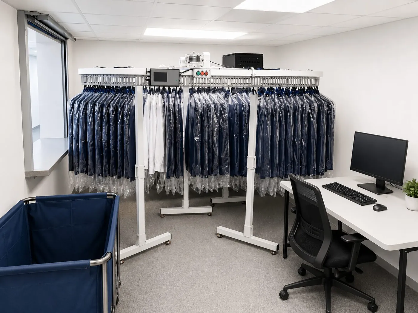 transportador de prendas: Transportador de ropa instalado en un área de trabajo